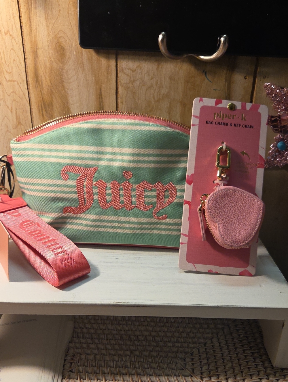 Juicy Couture Mint & Pink Striped  Pouch with Heart Key Charm